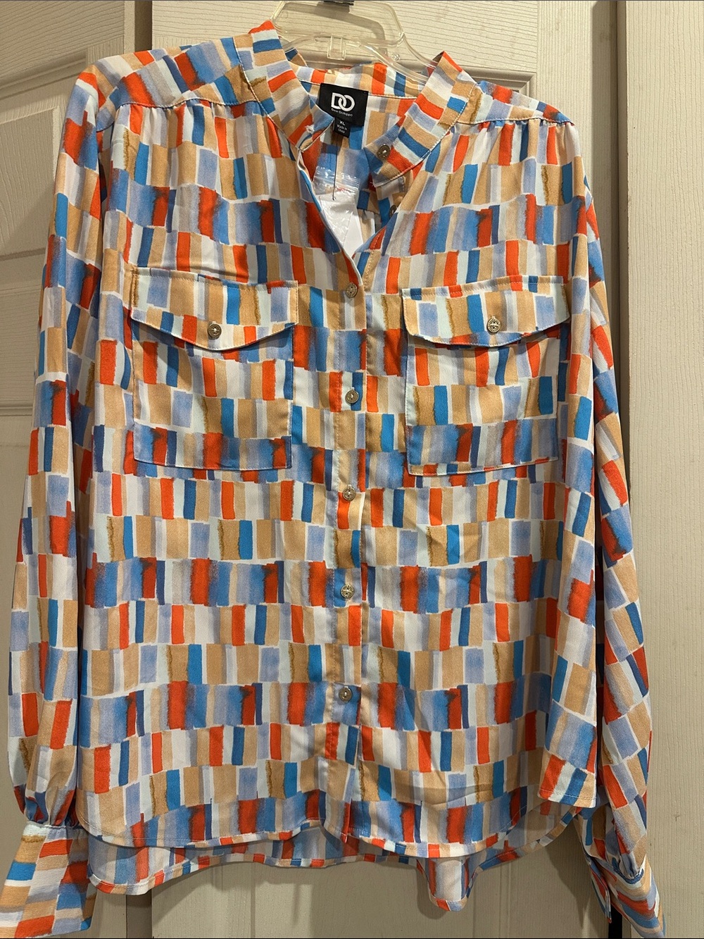 DP Geometric Print Button-Front Blouse in Orange, Blue & Tan